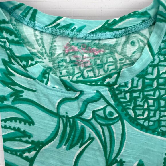 LILLY PULITZER Toucan Tango Pineapple Blue Green Short Sleeve T-Shirt Top M - Picture 2 of 3